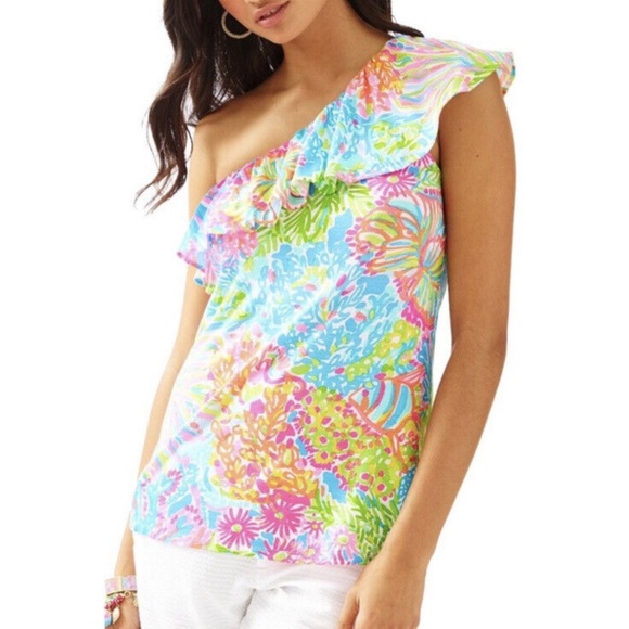 Lilly Pulitzer One Shoulder Ruffle Neveah Top // Size Small - Picture 1 of 4